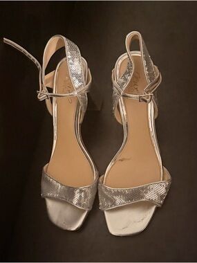 Badgley Mischka Jewel Silver Sequin Ankle-Strap Block Heel Sandals